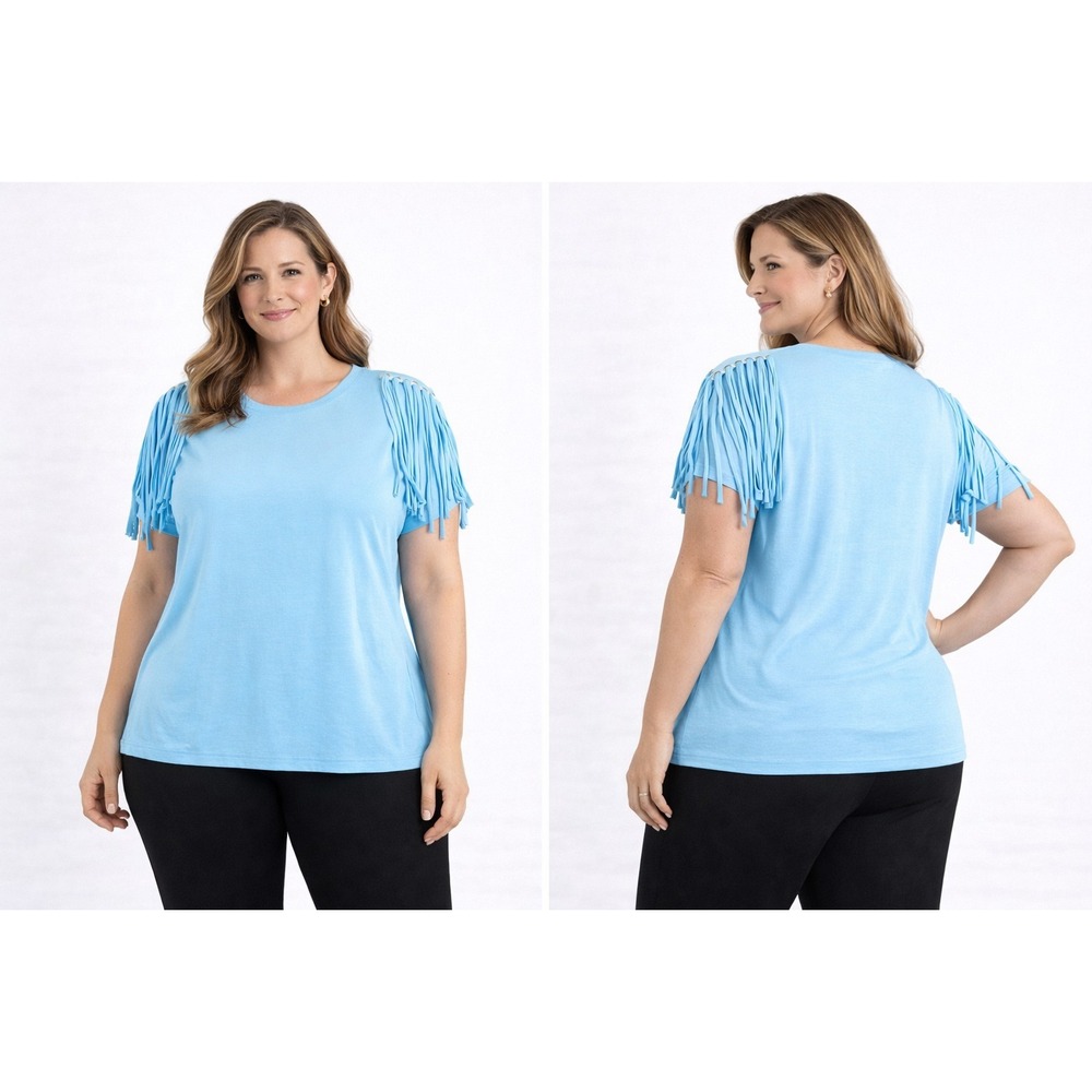 Michael Kors Womens‎ Top Fringe Sleeve Medium Blue Boho Chic Statement Casual